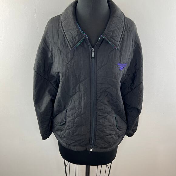 VINTAGE Reebok Black Zip Front Retro Print Quilted Windbreaker Jacket Size L VTG - Picture 3 of 9